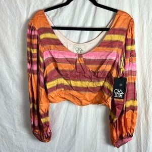 Chaser Crosby Peasant Blouse Multicolor Stripe Cropped Balloon Sleeve Size Small